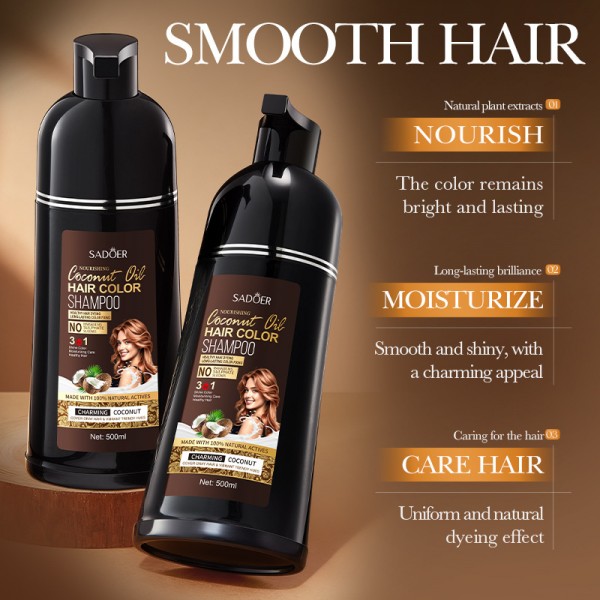Шампунь для фарбування волосся та маскування сивини SADOER Hair Color Shampoo з кокосовою олією, коричневий, 500 мл Шампунь для фарбування волосся та маскування сивини SADOER Hair Color Shampoo з кокосовою олією, коричневий, 500 мл