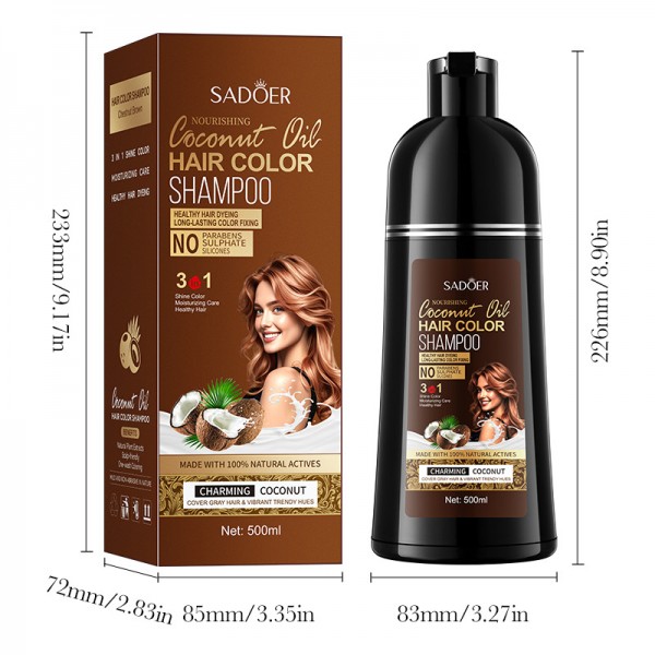 Шампунь для фарбування волосся та маскування сивини SADOER Hair Color Shampoo з кокосовою олією, коричневий, 500 мл Шампунь для фарбування волосся та маскування сивини SADOER Hair Color Shampoo з кокосовою олією, коричневий, 500 мл