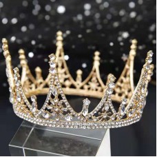 Корона на голову зі стразами та камінням "Crystal Shine", прикраса на голову з камінням, золото