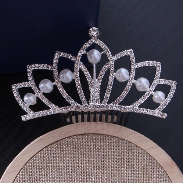 Діадема для волосся зі стразами та перлами "Pearl Crown", срібло