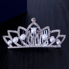 Діадема для волосся зі стразами та перлами "Pearl Crown", срібло