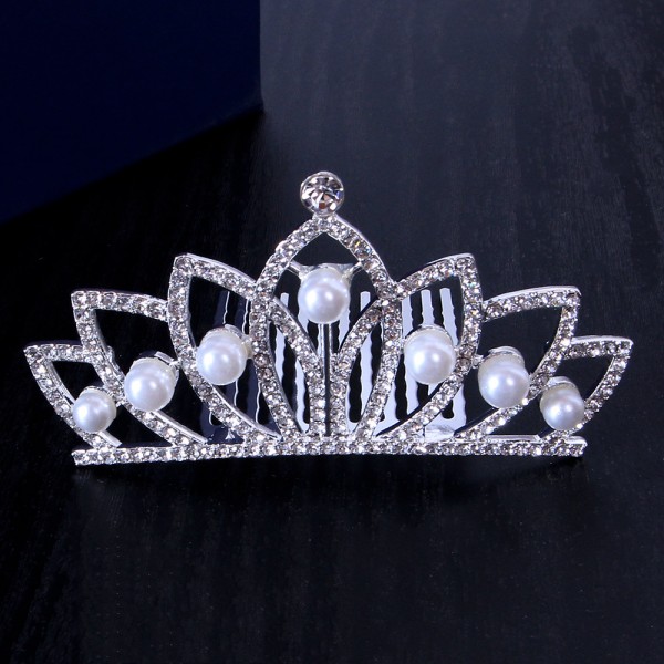 Діадема для волосся зі стразами та перлами "Pearl Crown", срібло