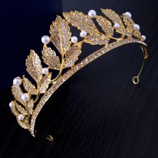 Корона на голову зі стразами та перлами в грецькому стилі "Crown Greek Style", прикраса на голову з камінням, золото