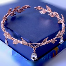 Корона обруч на голову зі стразами та камінням "Bright Leaves", прикраса на голову з камінням, рожеве золото