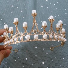 Корона на голову зі стразами та перлами "Crown Pearl Shine", прикраса на голову з камінням, золото