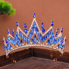 Корона на голову со стразами и камнями "Blue Shine", украшение на голову с синими камнями, золото