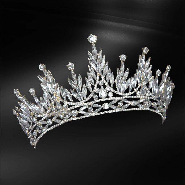 Корона на голову со стразами и камнями "Crystal Shine Bright", украшение на голову с камнями, серебро