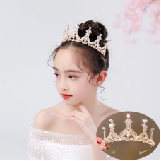 Корона на голову зі стразами та перлами "Girls Pearl Shine", прикраса на голову з камінням, золото