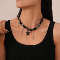 Цепочка на шею из черного камня с металлическими элементами "Black Style", серебро