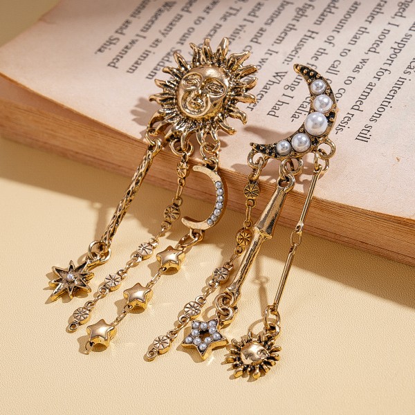 Сережки асиметричні зі стразами та перлами "Sun and Moon", золото