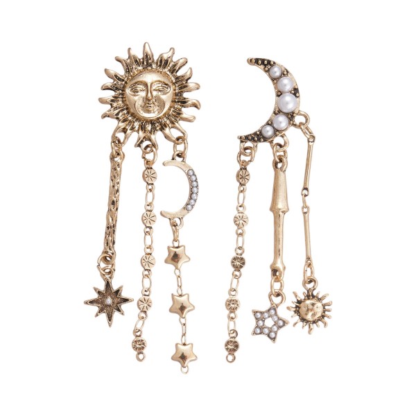 Сережки асиметричні зі стразами та перлами "Sun and Moon", золото