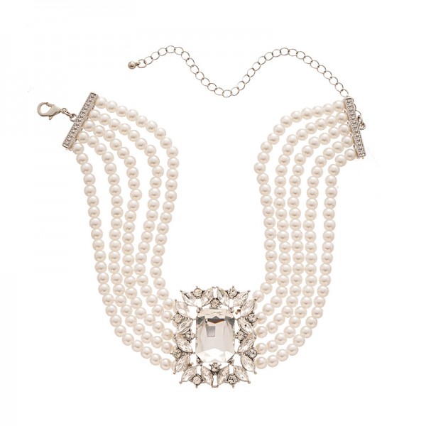 Ланцюжок - чокер багатошаровий із перлами та кристалами "Crystal Pearl", срібло