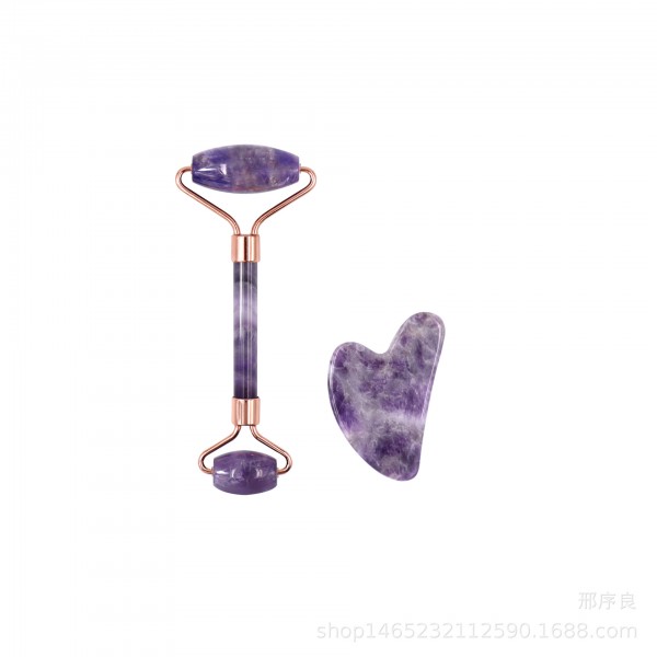 Набір для масажу гуаша з натурального каменю: ролик та скребок Галочка, аметист,  1 шт