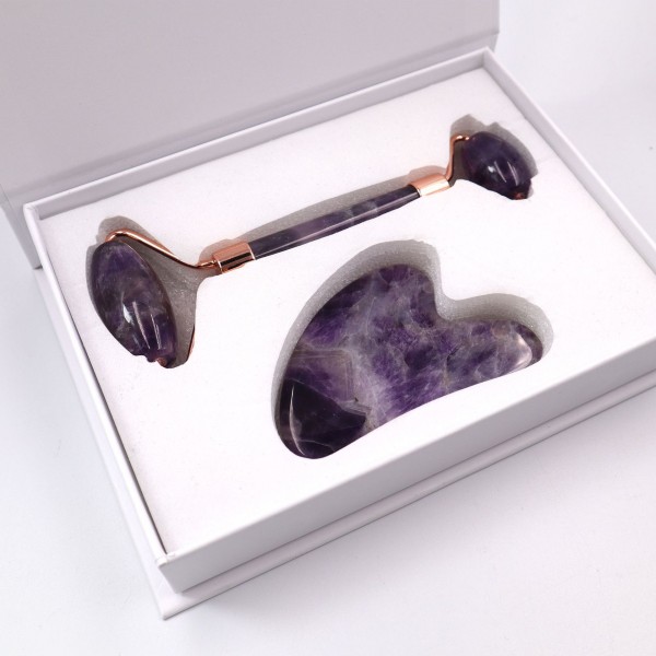 Набір для масажу гуаша з натурального каменю: ролик та скребок Галочка, аметист,  1 шт