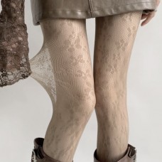 Колготи мереживні жіночі в принт "Квіти", ажурні жіночі панчохи, колготи з квітковим принтом, тілесні, S - L
