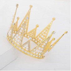 Корона на голову зі стразами та перлами "Golden Perl Bride", прикраса на голову з камінням, золото