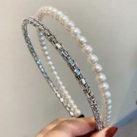 Обруч для волосся подвійний з перлами та стразами "Double Shine", прикраса на голову, срібло