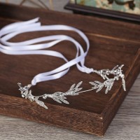 Обруч для волосся зі стразами та атласними стрічками "White Lines", прикраса на голову, срібло