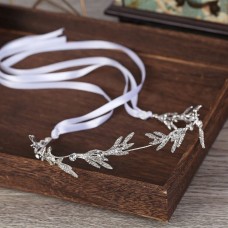 Обруч для волосся зі стразами та атласними стрічками "White Lines", прикраса на голову, срібло