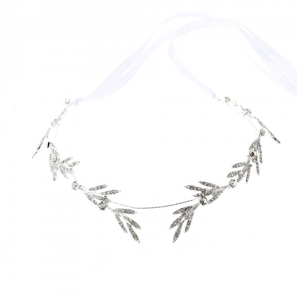 Обруч для волосся зі стразами та атласними стрічками "White Lines", прикраса на голову, срібло Обруч для волосся зі стразами та атласними стрічками "White Lines", прикраса на голову, срібло