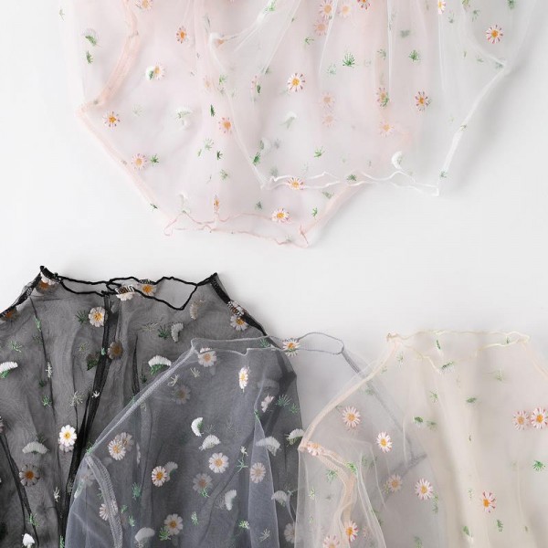 Топ жіночий прозорий у сітку з вишивкою ромашками з довгим рукавом, білий