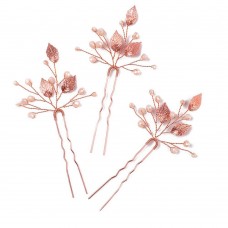 Шпильки для волосся з бісером та стразами "Leaves", рожеве золото, 1 шт