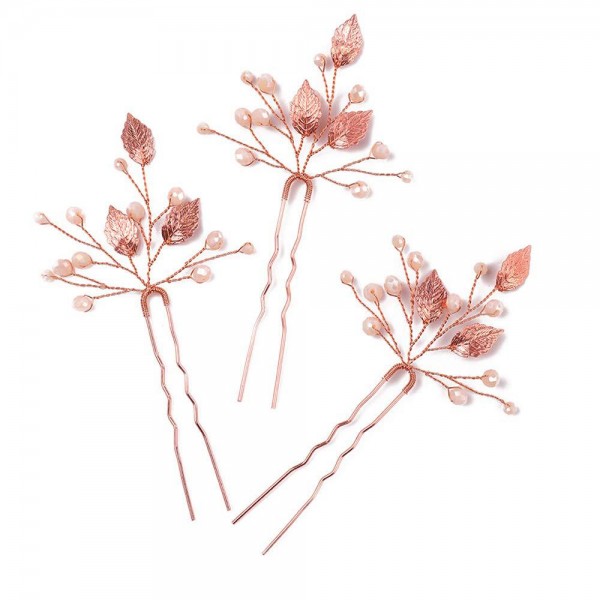 Шпильки для волосся з бісером та стразами "Leaves", рожеве золото, 1 шт