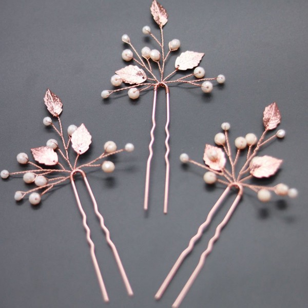 Шпильки для волосся з бісером та стразами "Leaves", рожеве золото, 1 шт