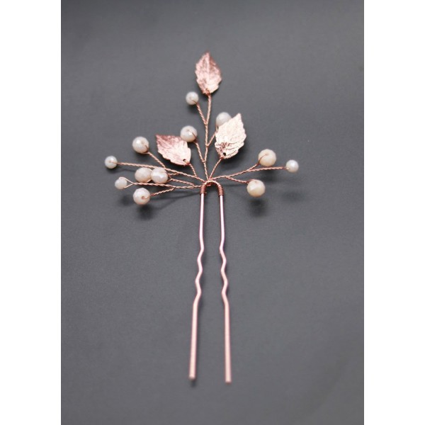 Шпильки для волосся з бісером та стразами "Leaves", рожеве золото, 1 шт