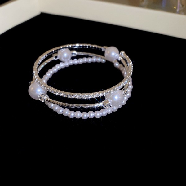 Браслет багатошаровий зі стразами та перлами "Elegant Pearl Style", срібло