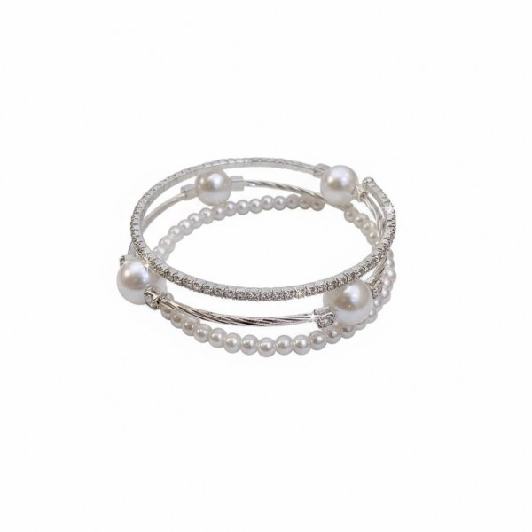 Браслет багатошаровий зі стразами та перлами "Elegant Pearl Style", срібло