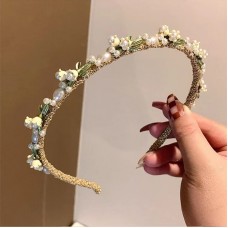 Обруч для волосся з перлами та квітами "White Flower Pearl", прикраса на голову, золото