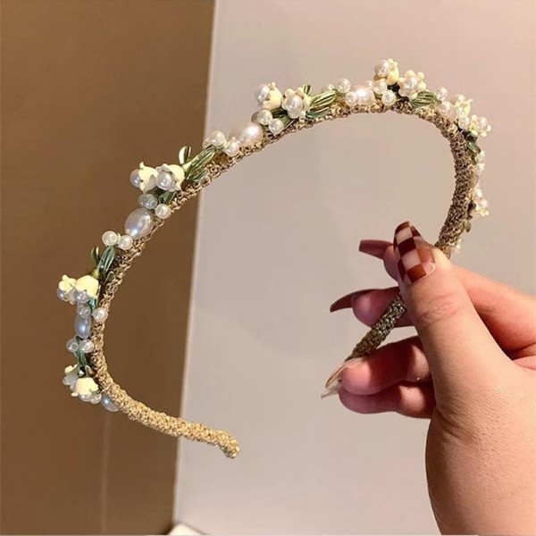 Обруч для волосся з перлами та квітами "White Flower Pearl", прикраса на голову, золото