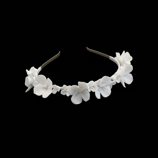 Обруч для волосся з білими керамічними квітами "Flower Bride", прикраса на голову, золото Обруч для волосся з білими керамічними квітами "Flower Bride", прикраса на голову, золото