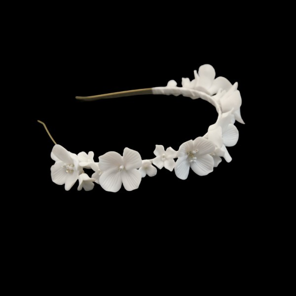 Обруч для волосся з білими керамічними квітами "Flower Bride", прикраса на голову, золото Обруч для волосся з білими керамічними квітами "Flower Bride", прикраса на голову, золото