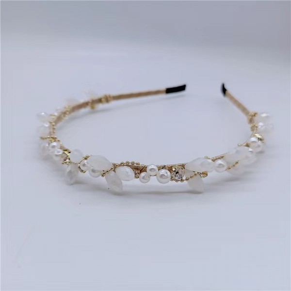 Обруч для волосся з перлами та кристалами "White Crystal Shine", прикраса на голову, золото
