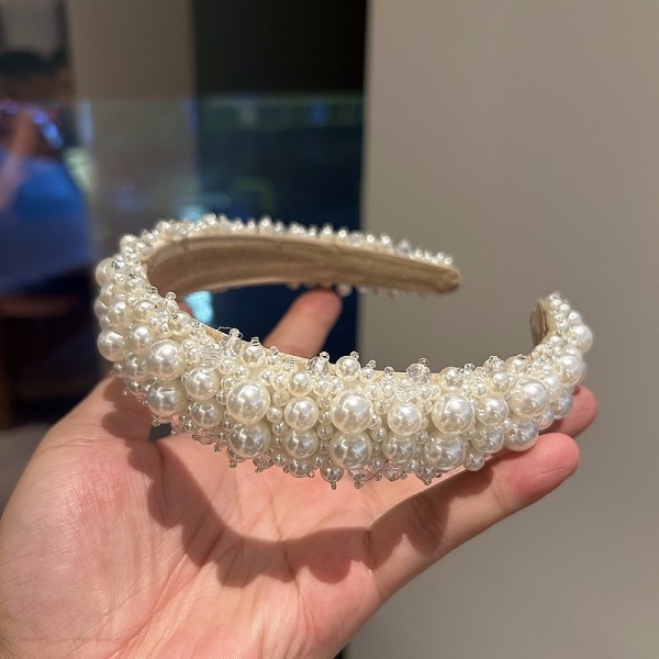 Обруч для волосся з перлами та кристалами "Wide Pearl Queen", прикраса на голову, білий