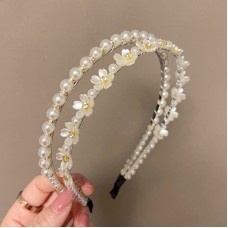 Обруч для волосся подвійний з перлами та квітами "Double Shine", прикраса на голову, срібло