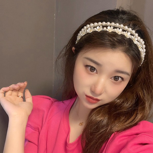 Обруч для волосся подвійний з перлами та квітами "Double Shine", прикраса на голову, срібло