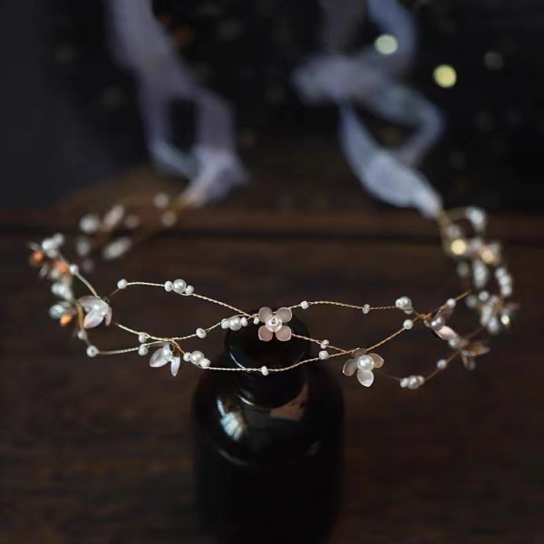 Обруч для волосся з перлами та квітами "Pearl Flowers", прикраса на голову, золото