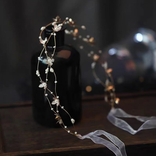 Обруч для волосся з перлами та квітами "Pearl Flowers", прикраса на голову, золото