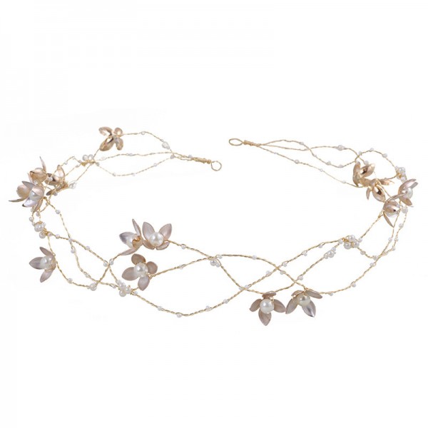 Обруч для волосся з перлами та квітами "Pearl Flowers", прикраса на голову, золото