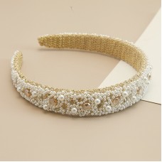 Обруч для волос с жемчугом и камнями "Wide Pearl Shine", украшение на голову, золото