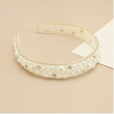 Обруч для волосся з перлами та камінням "Wide White Pearl Shine", прикраса на голову, золото