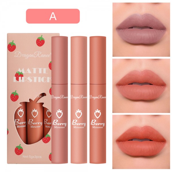 Матовый стойкий блеск для губ в наборе из 3 цветов DRAGON RANEE Berry Mousse, набор матовых жидких помад для губ, 5гх3, 01