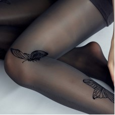 Колготи нейлонові з принтом "Метелики", ультратонкі панчохи з метеликами, жіночі капронові колготки з принтом, колготки з імітацією тату, чорні, S - M