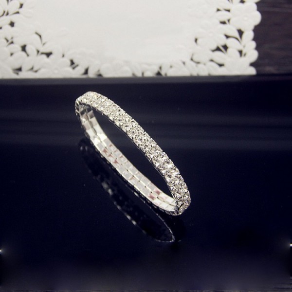 Браслет-резинка зі стразами у 2 ряди, "Two Row of Stones", срібло-золото