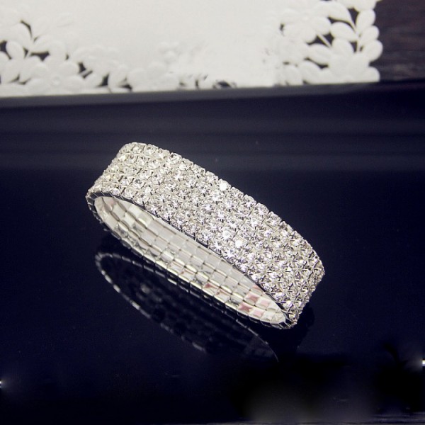 Браслет-резинка зі стразами у 5 рядів, "Five Row of Stones", срібло-золото