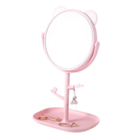 Дзеркало косметичне з вушками ведмедя, на підставці, з органайзером, рожеве