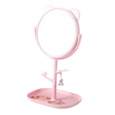 Дзеркало косметичне з вушками ведмедя, на підставці, з органайзером, рожеве